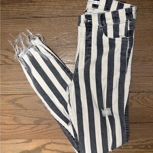 Zara Trafaluc Denim Striped Distressed High Rise Jeans Size 4 Raw Hem